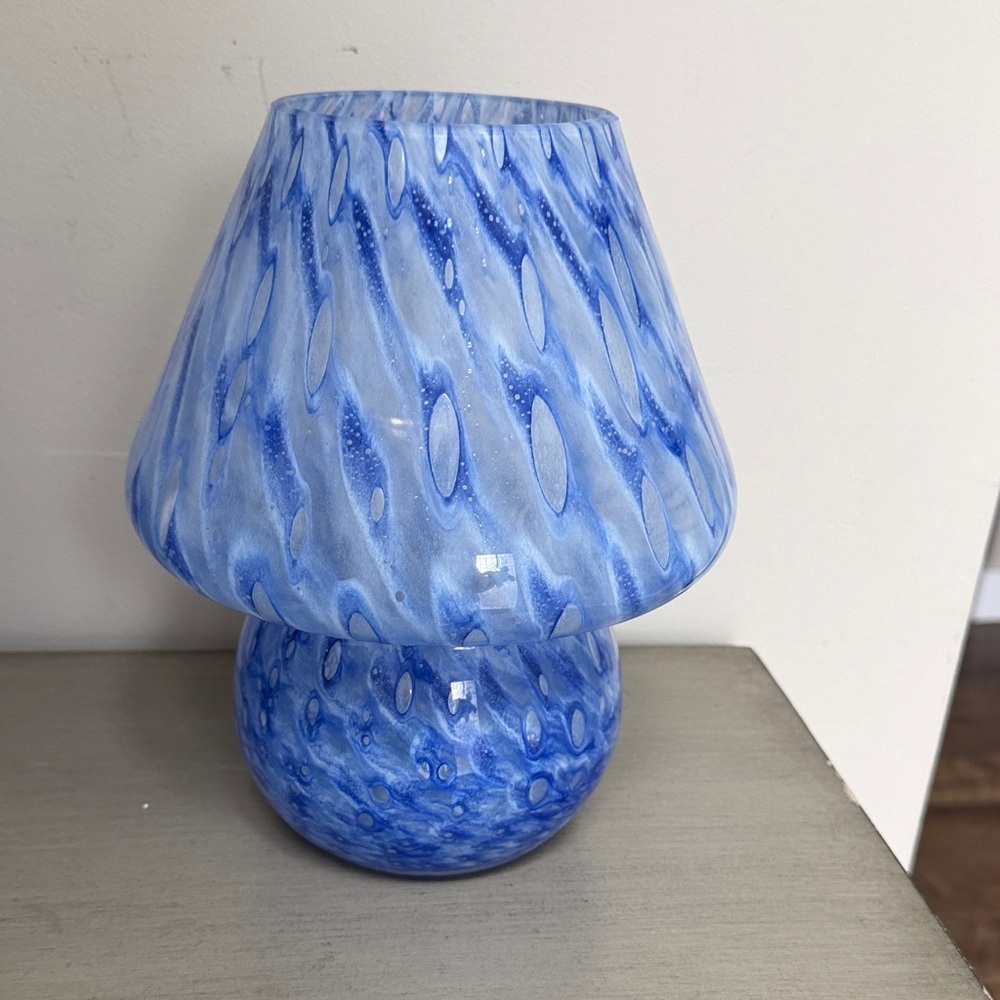 Blue Swirled Glass Mushroom Candle Lamp